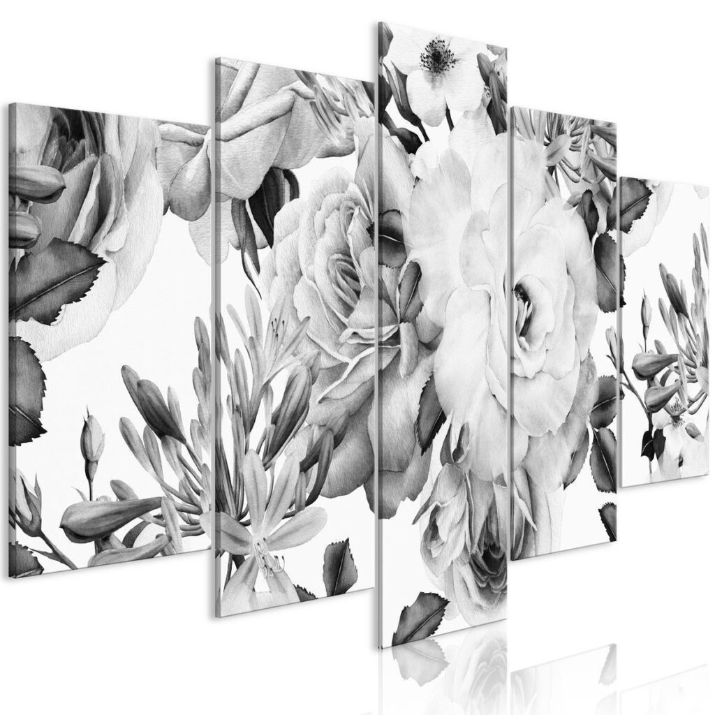 Schilderij - Rose Composition (5 Parts) Wide Black and White - Afbeelding 2