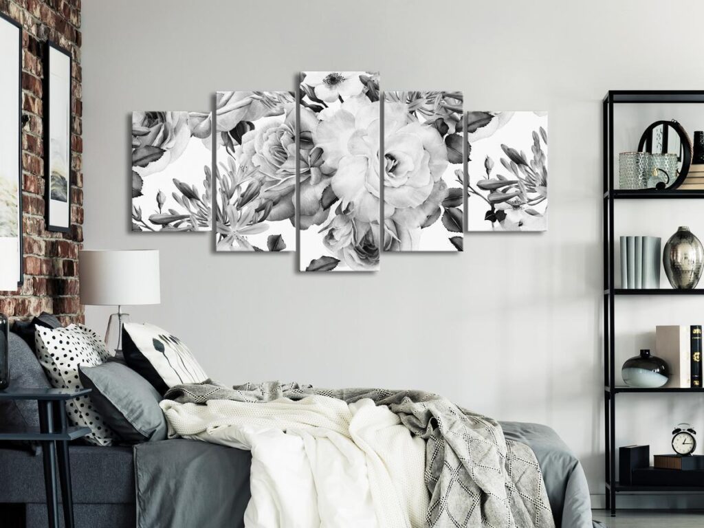 Schilderij - Rose Composition (5 Parts) Wide Black and White