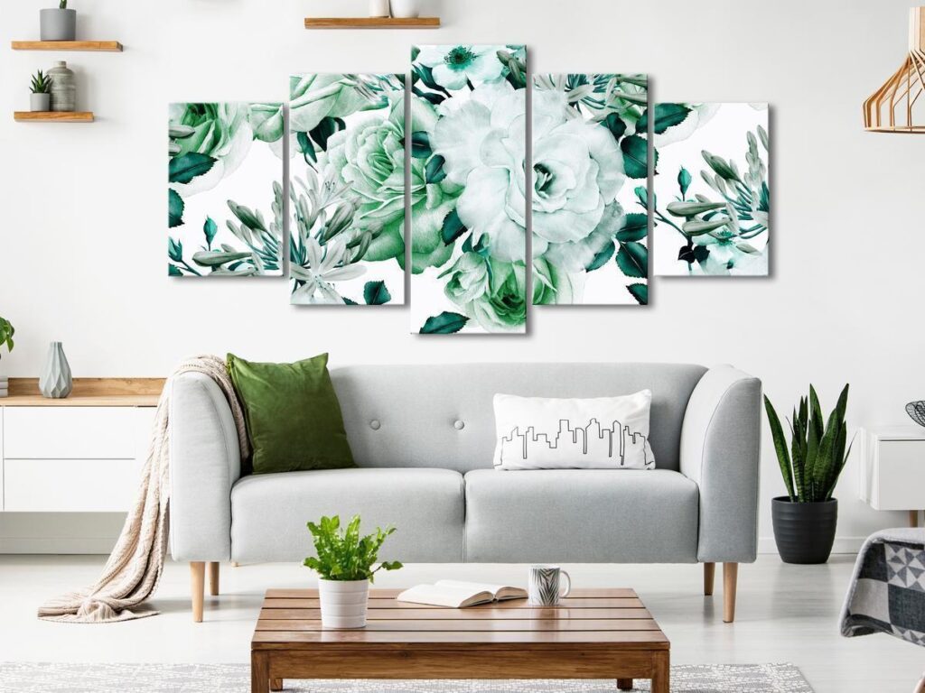 Schilderij - Rose Composition (5 Parts) Wide Green - Afbeelding 2