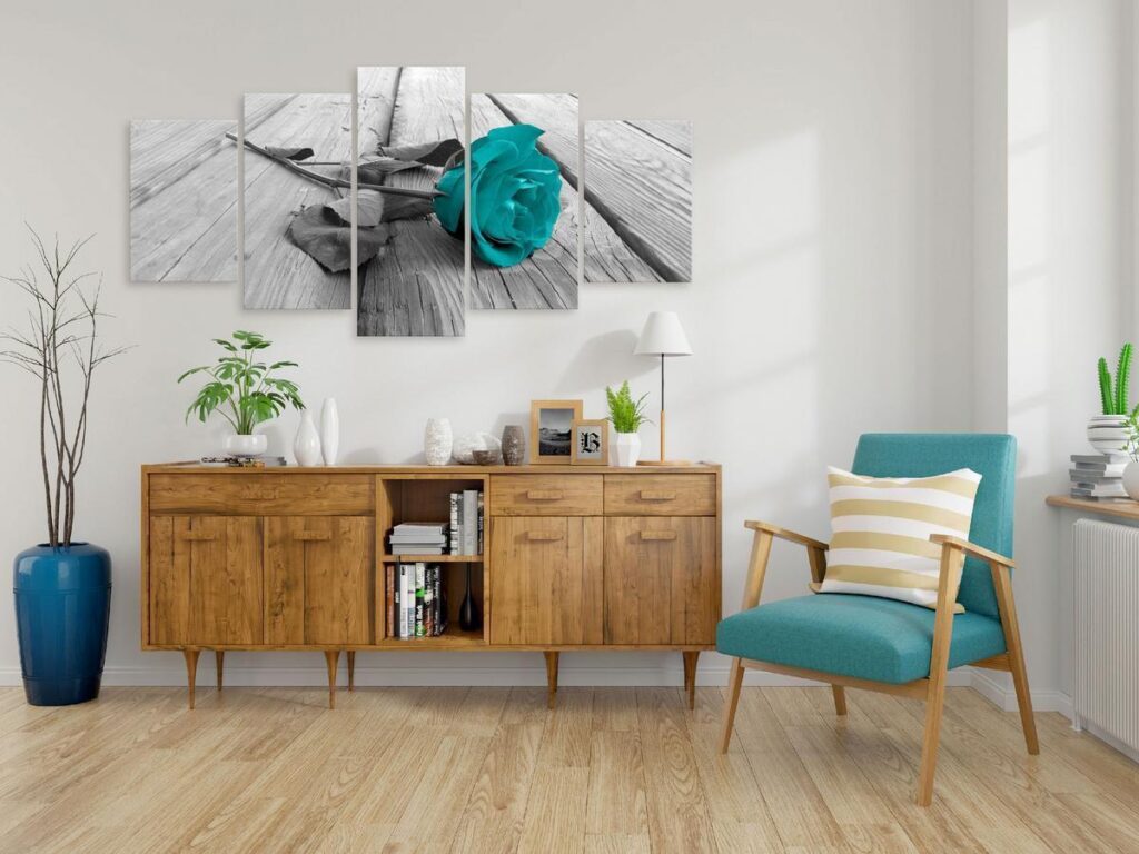 Schilderij - Rose on Wood (5 Parts) Wide Turquoise - Afbeelding 2