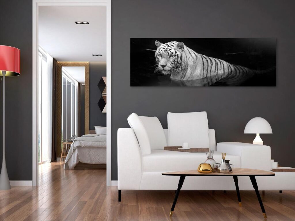 Schilderij - Shining Tiger (1 Part) Black and White Narrow - Afbeelding 2