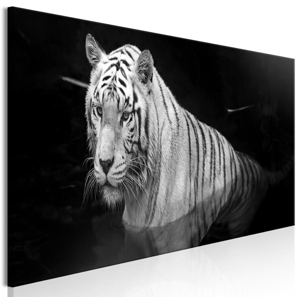 Schilderij - Shining Tiger (1 Part) Black and White Narrow