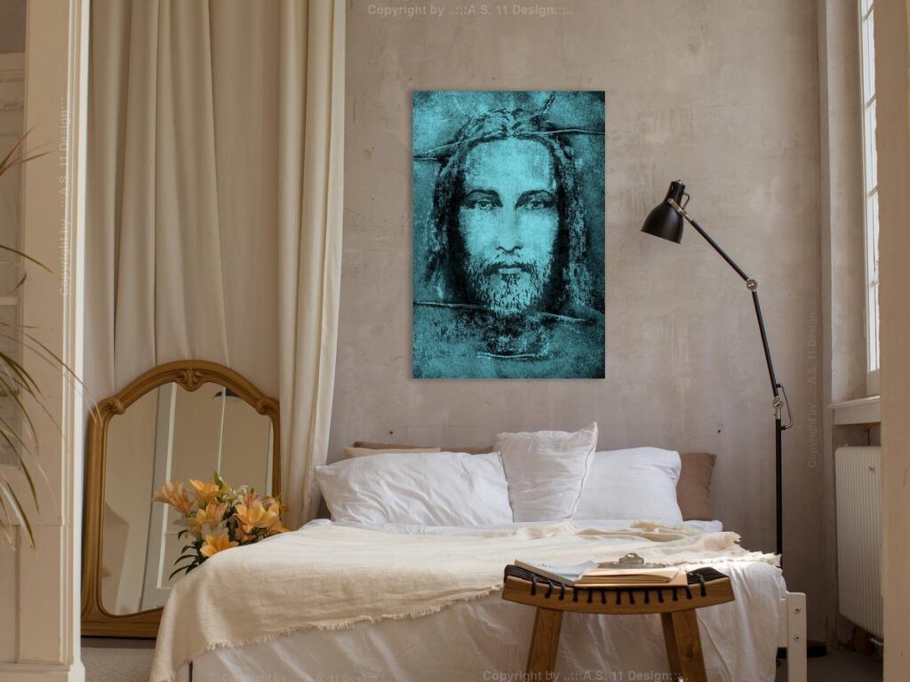 Schilderij - Shroud of Turin in Turqoise (1 Part) Vertical