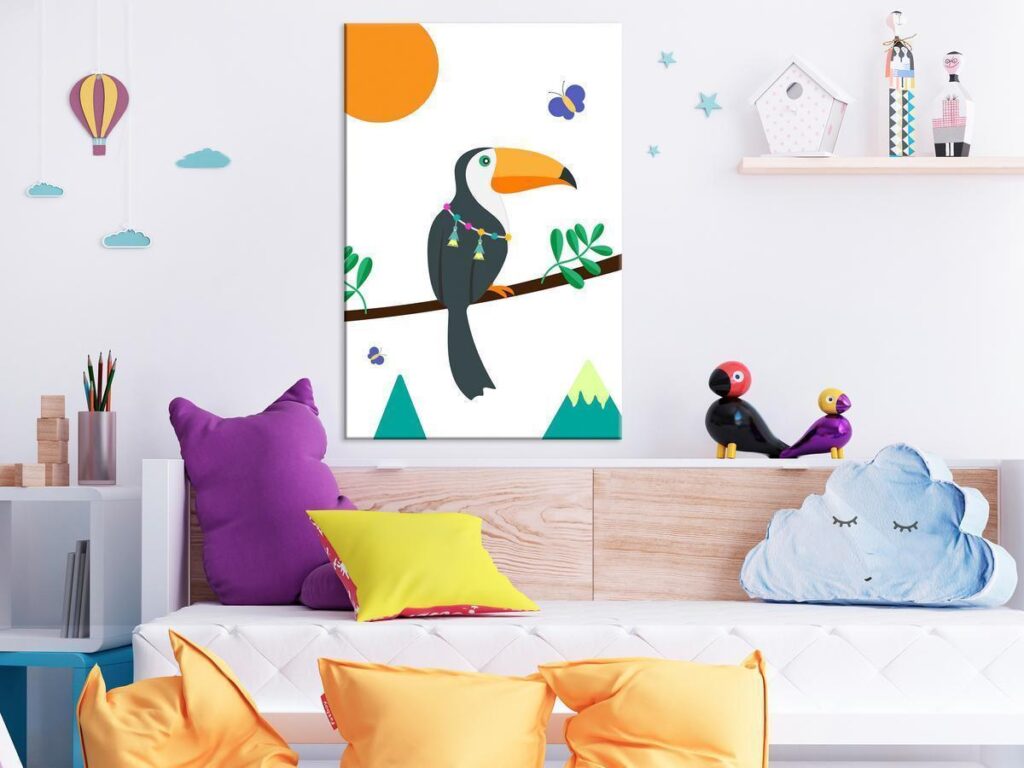 Schilderij - Toucan And Butterflies (1 Part) Vertical