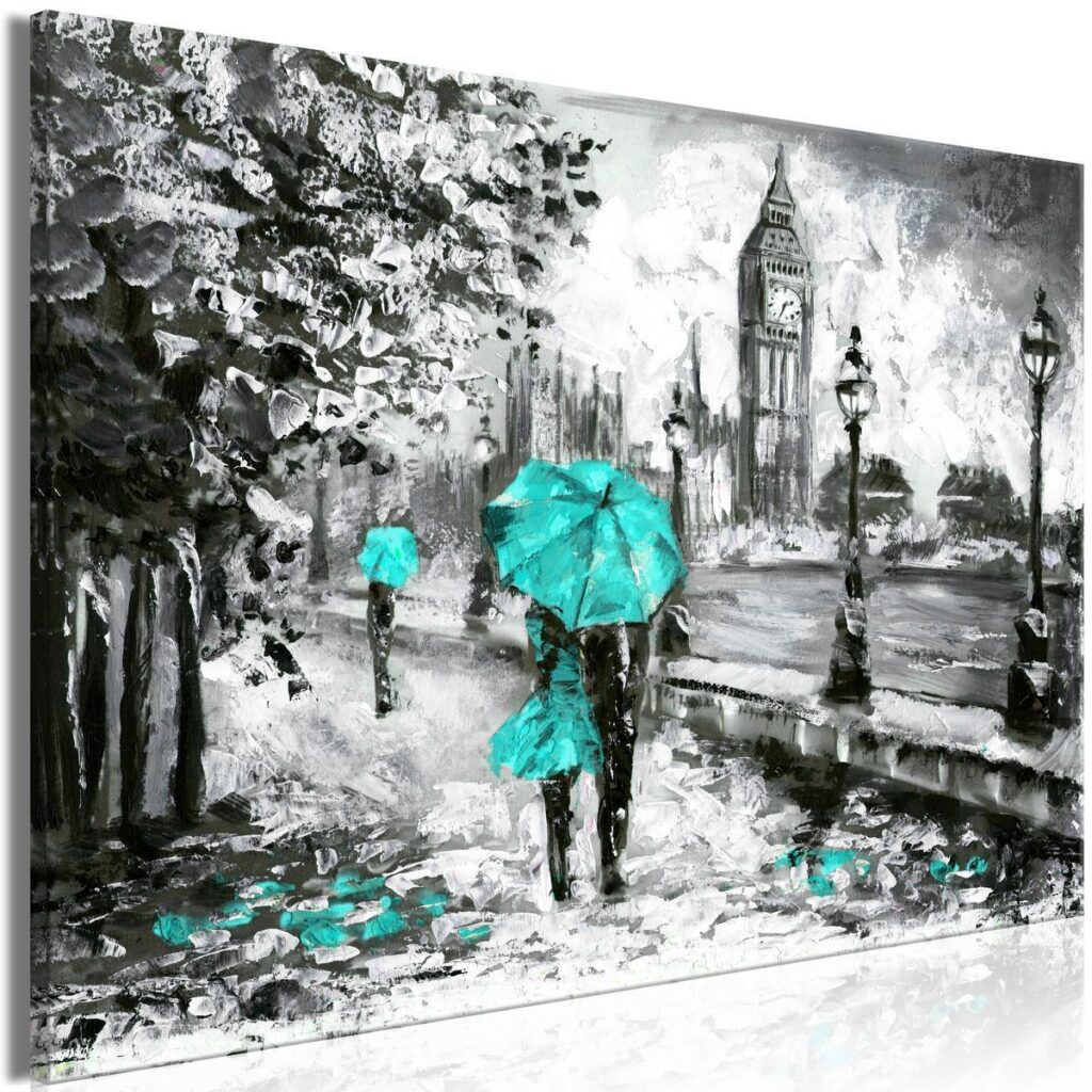 Schilderij - Walk in London (1 Part) Wide Turquoise
