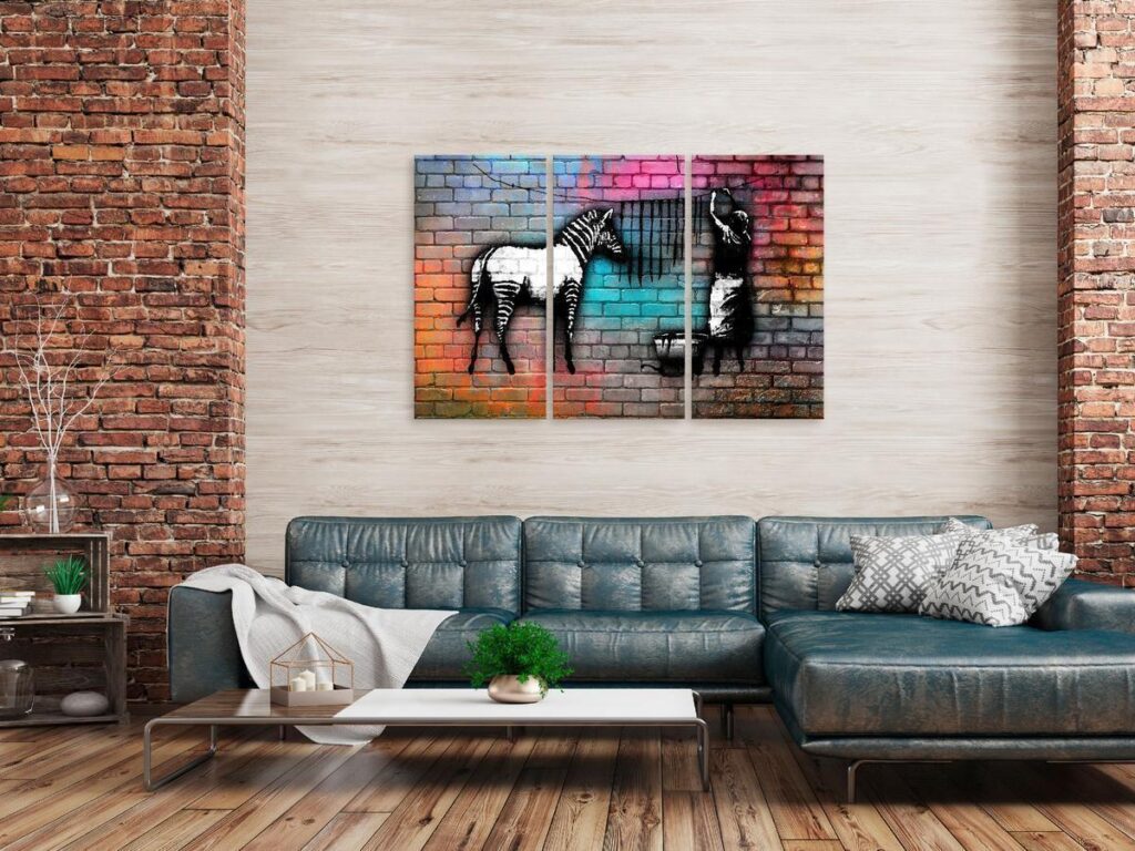 Schilderij - Washing Zebra - Colourful Brick (3 Parts) - Afbeelding 2
