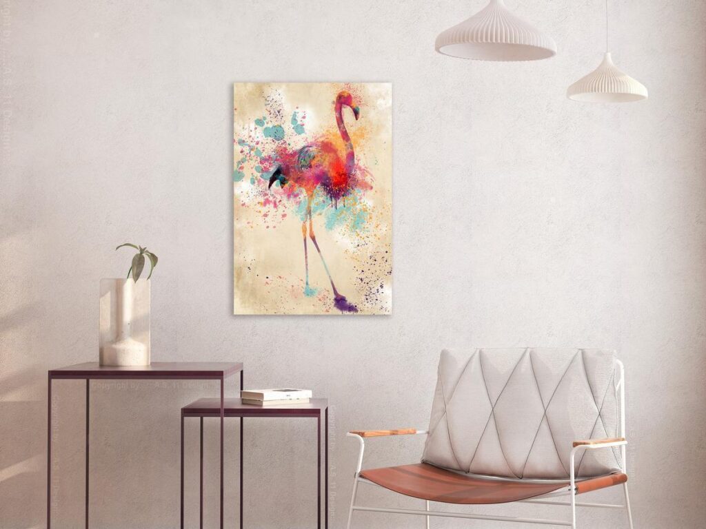 Schilderij - Watercolor Flamingo (1 Part) Vertical