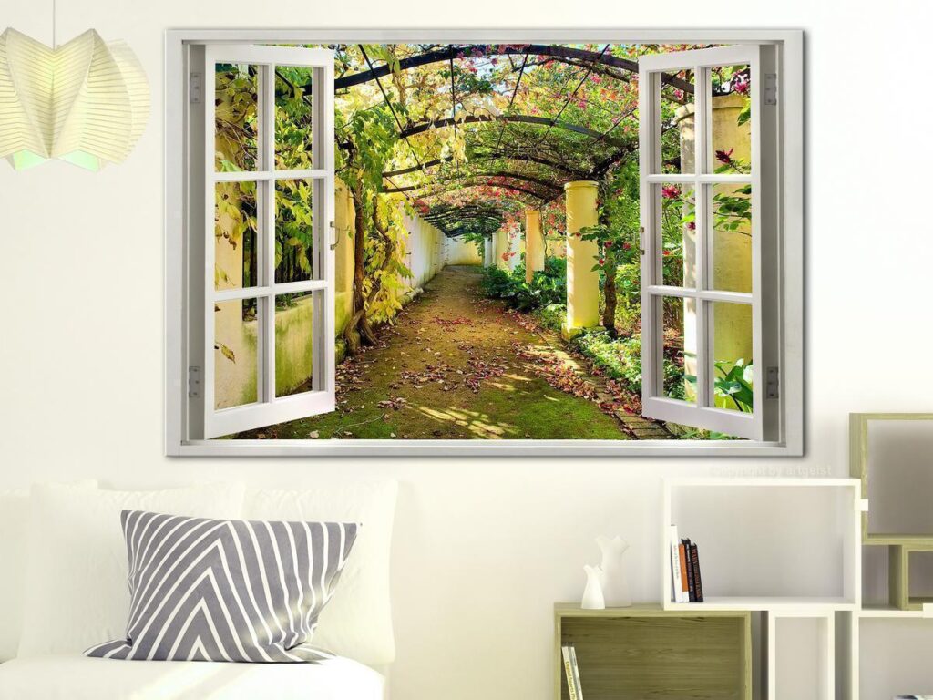 Schilderij - Window: View on Pergola - Afbeelding 2