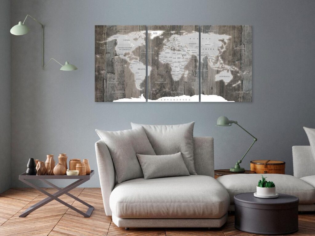 Schilderij - World Map: Wooden World (3 Parts)
