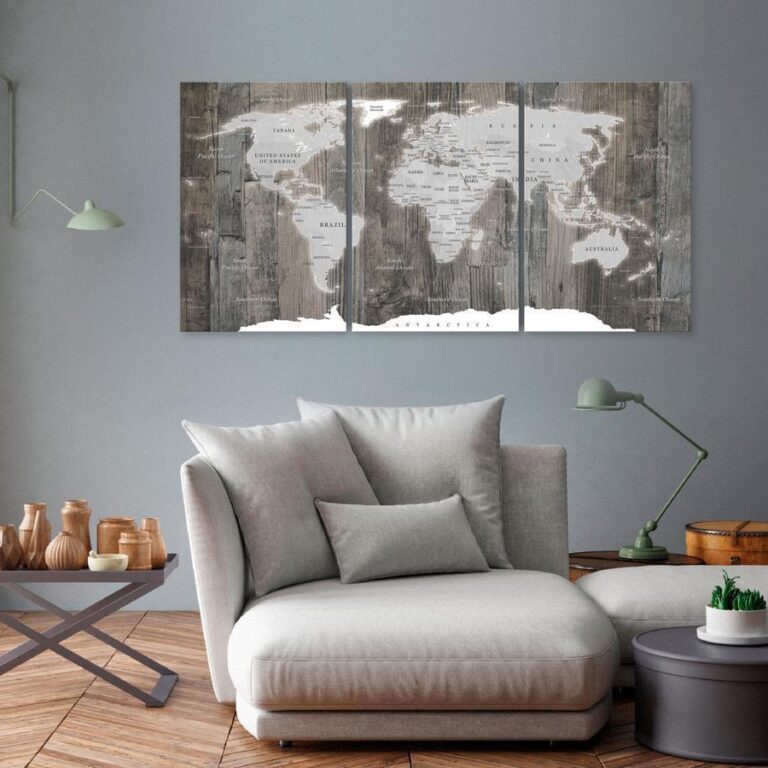 Schilderij - World Map: Wooden World (3 Parts)