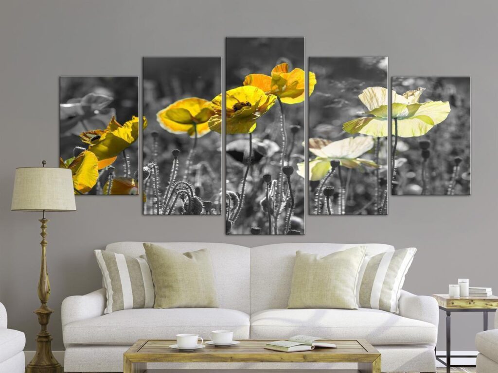 Schilderij - Yellow Poppies (5 Parts) Wide - Afbeelding 2
