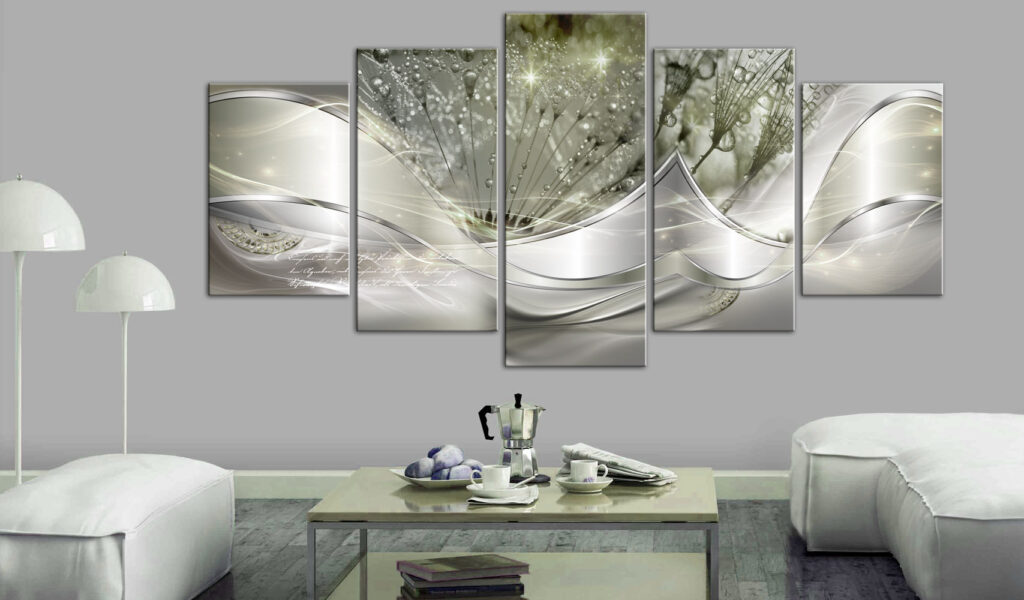 Schilderij - Sparkling Dandelions (5 Parts) Green Wide - Afbeelding 2