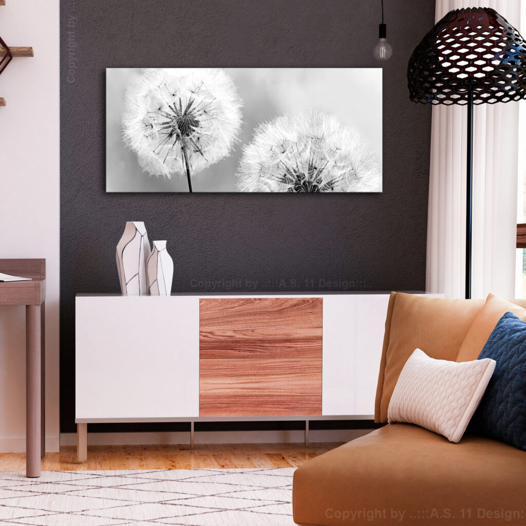 Schilderij - Fluffy Dandelions (1 Part) Grey Wide - Afbeelding 2