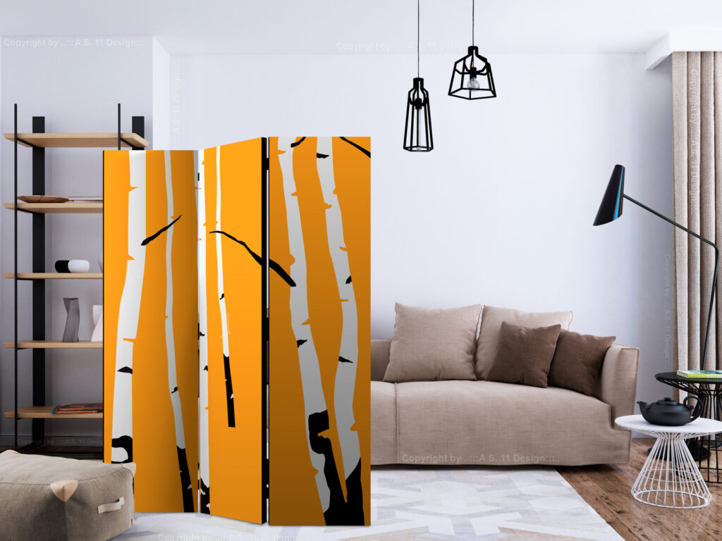 Vouwscherm - Birches on the orange background [Room Dividers] - Afbeelding 2