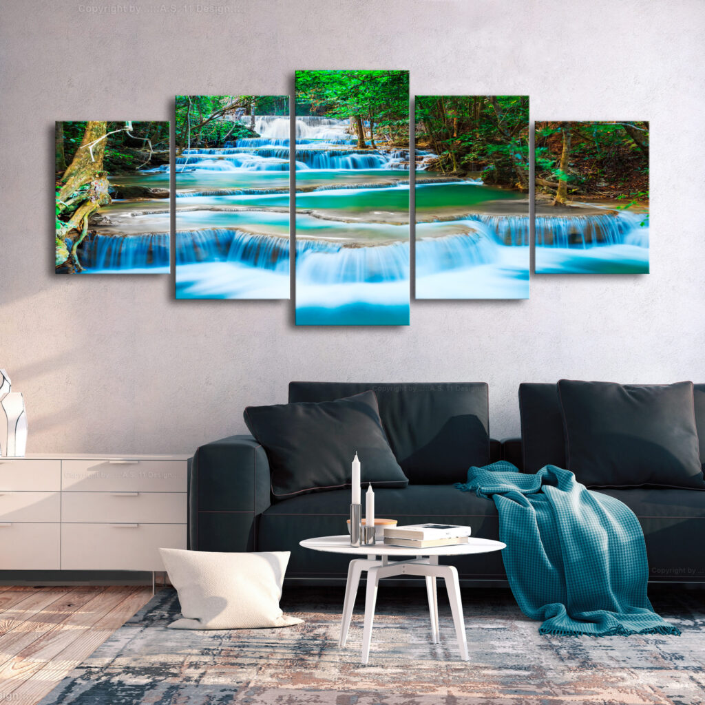 Schilderij - Waterfall in Kanchanaburi (5 Parts) Wide - Afbeelding 2