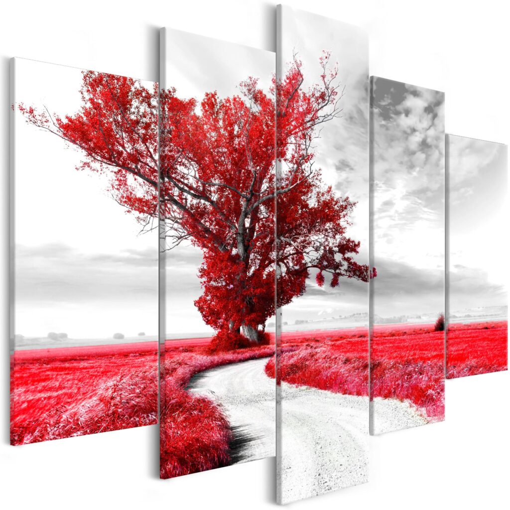 Schilderij - Tree near the Road (5 Parts) Red