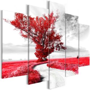 Schilderij - Tree near the Road (5 Parts) Red