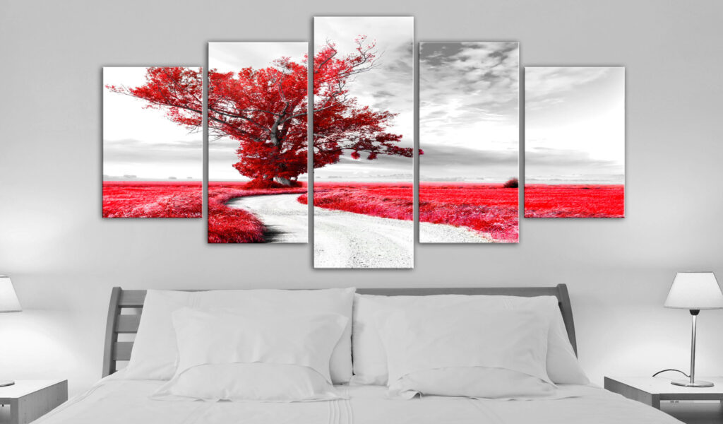 Schilderij - Tree near the Road (5 Parts) Red - Afbeelding 2