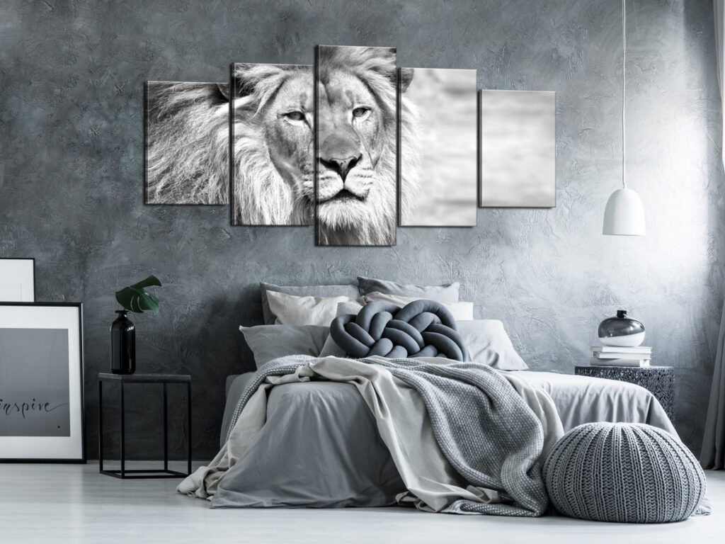 Schilderij - The King of Beasts (5 Parts) Wide Black and White - Afbeelding 2