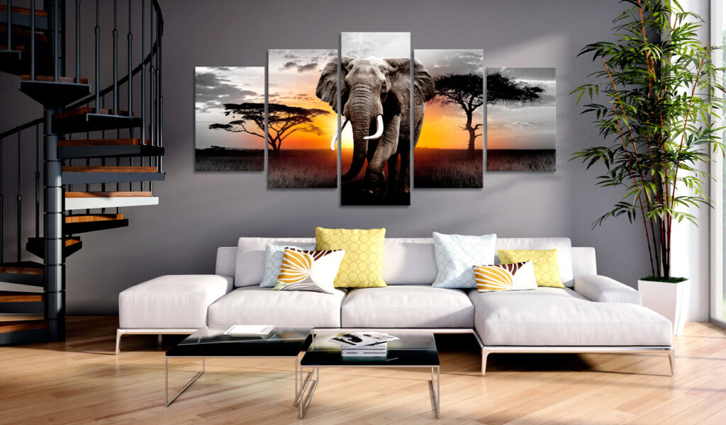 Schilderij - Elephant at Sunset - Afbeelding 2