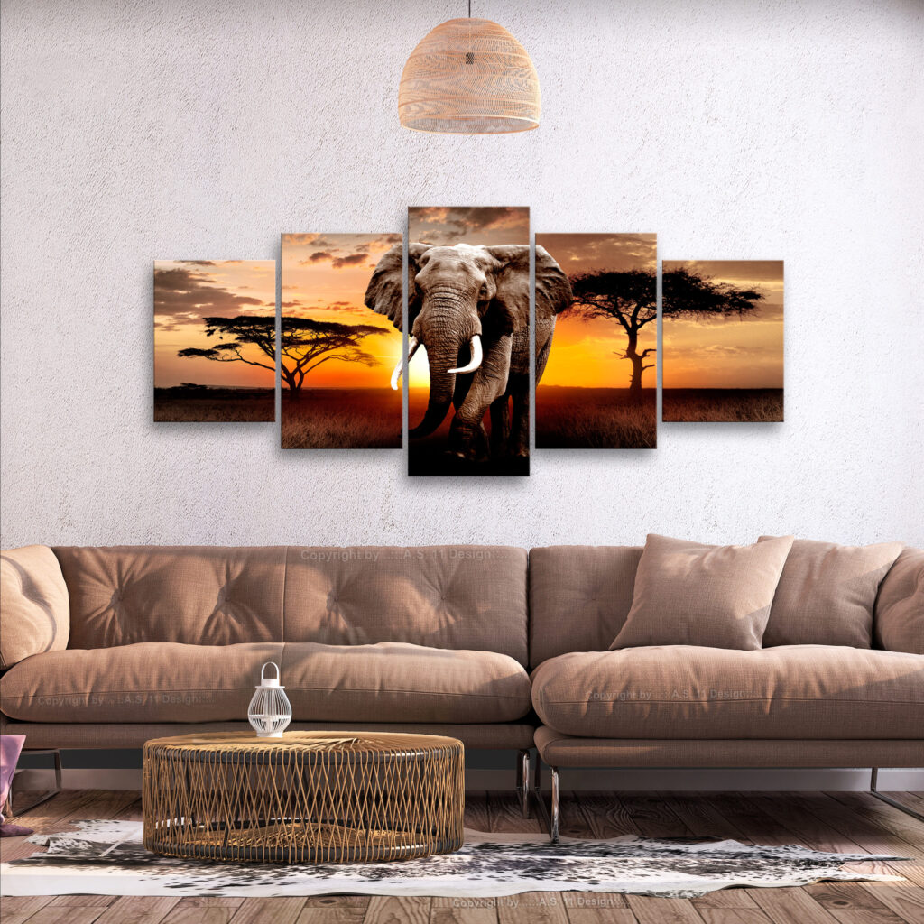 Schilderij - Wandering Elephant (5 Parts) Wide - Afbeelding 2
