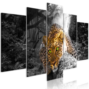 Schilderij - Leopard Lying (5 Parts) Wide Grey