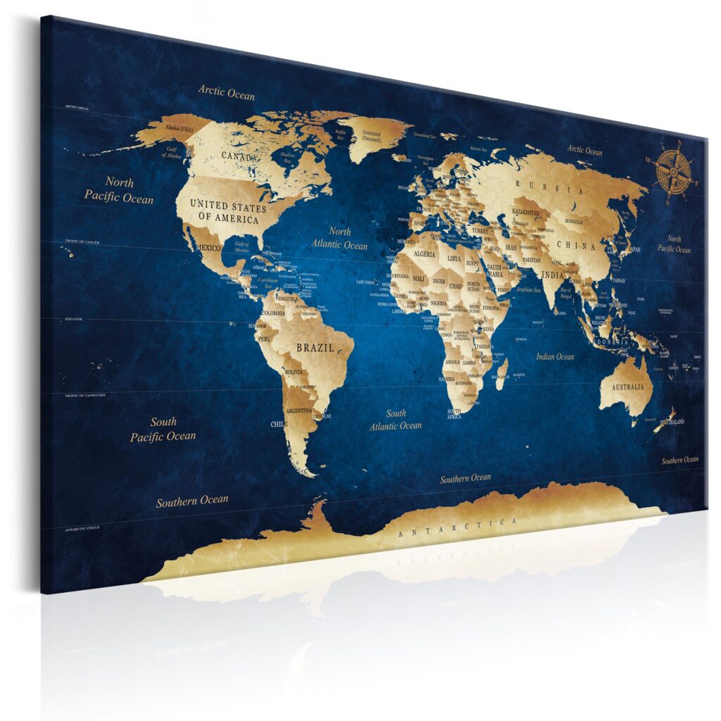 Schilderij - World Map: The Dark Blue Depths