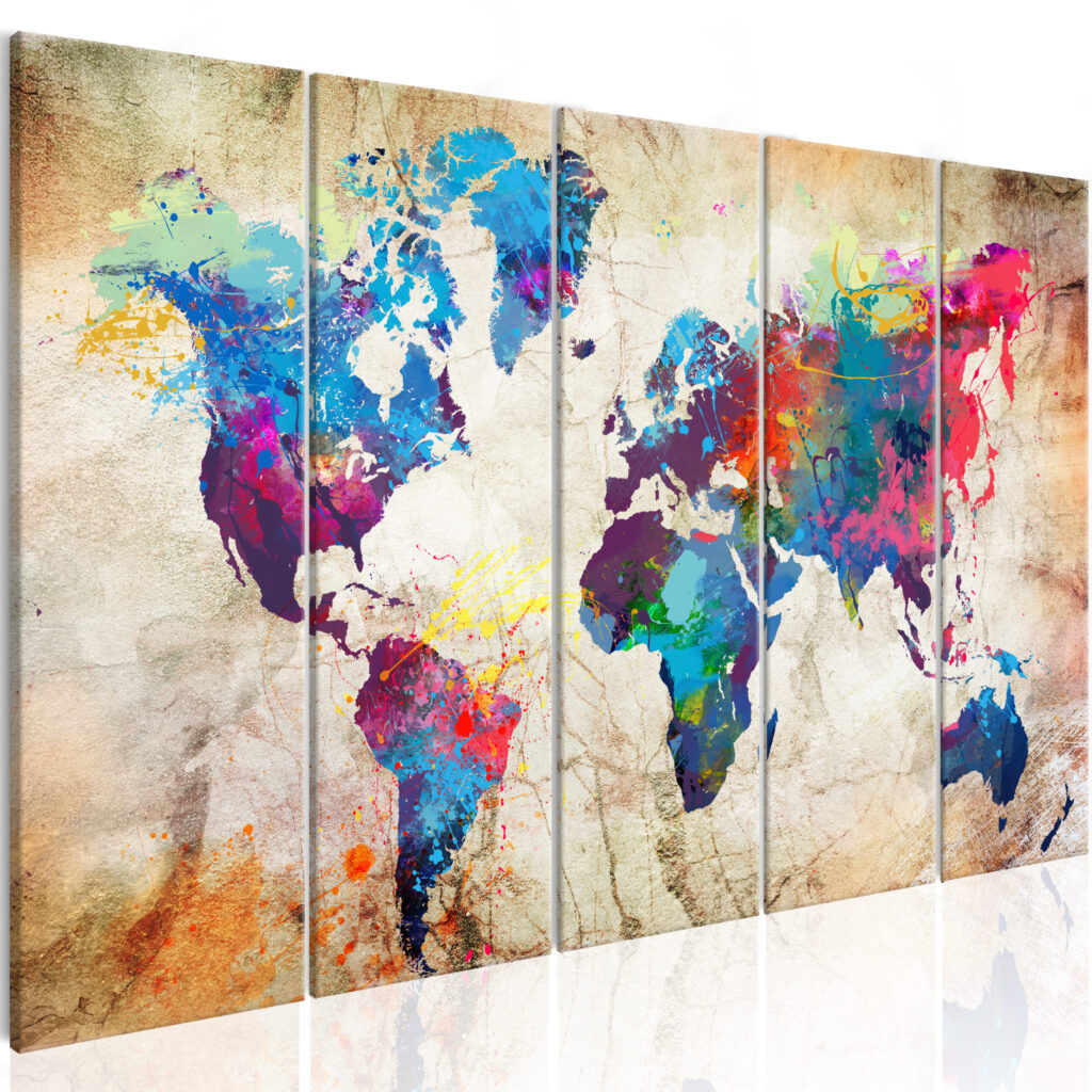Schilderij - World Map: Colourful Ink Blots