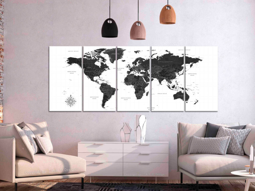 Schilderij - Black and White Map (5 Parts) Narrow - Afbeelding 2