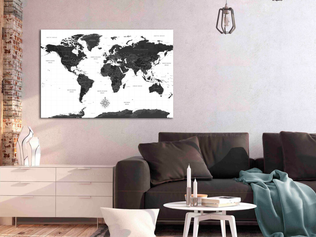 Schilderij - Black and White Map (1 Part) Wide - Afbeelding 2