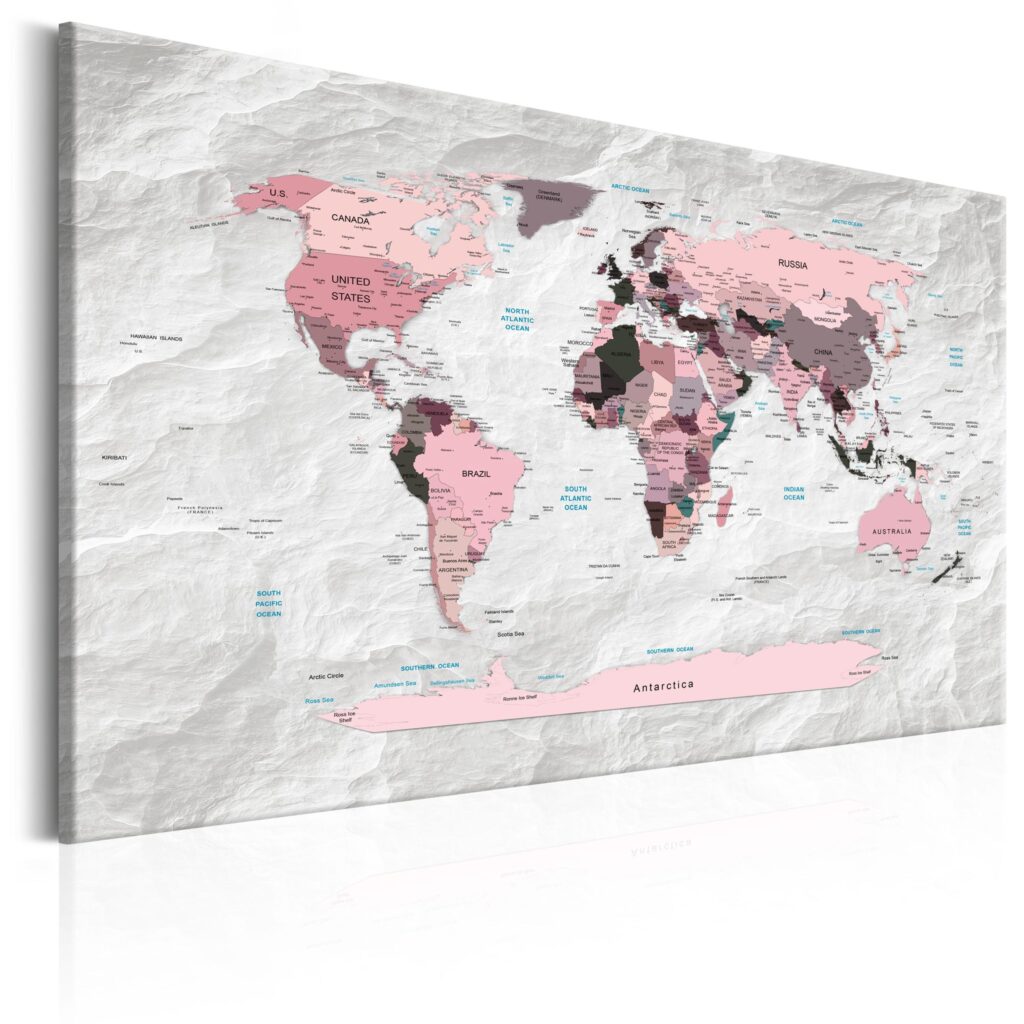 Schilderij - World Map: Pink Continents