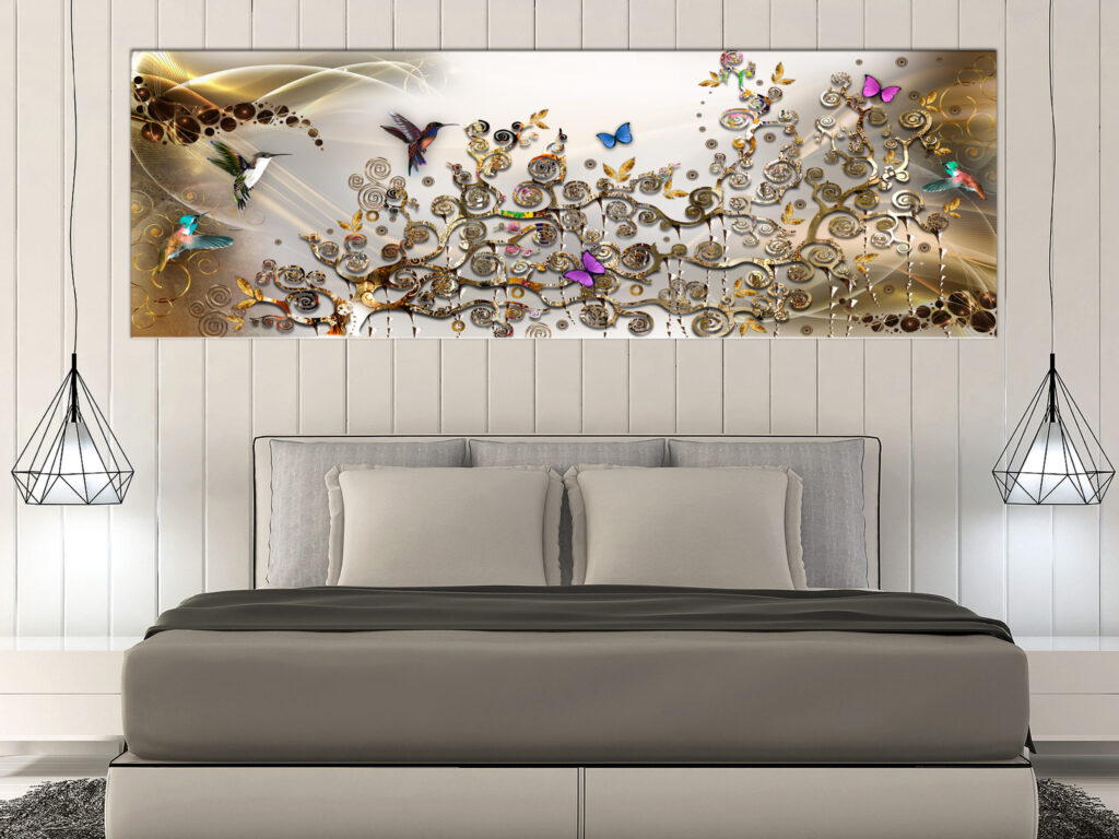 Schilderij - Hummingbirds Dance (1 Part) Gold Narrow - Afbeelding 2