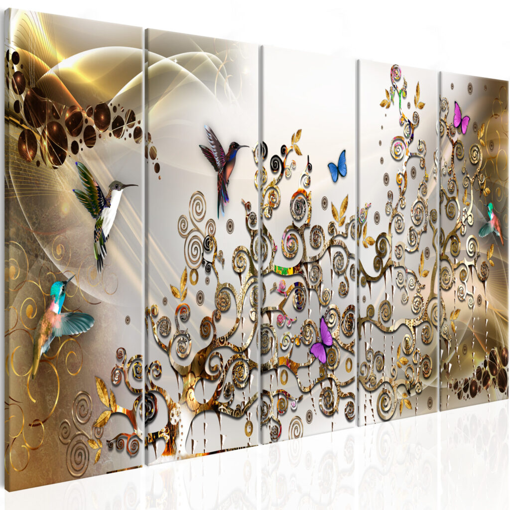 Schilderij - Hummingbirds Dance (5 Parts) Gold Narrow
