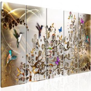 Schilderij - Hummingbirds Dance (5 Parts) Gold Narrow