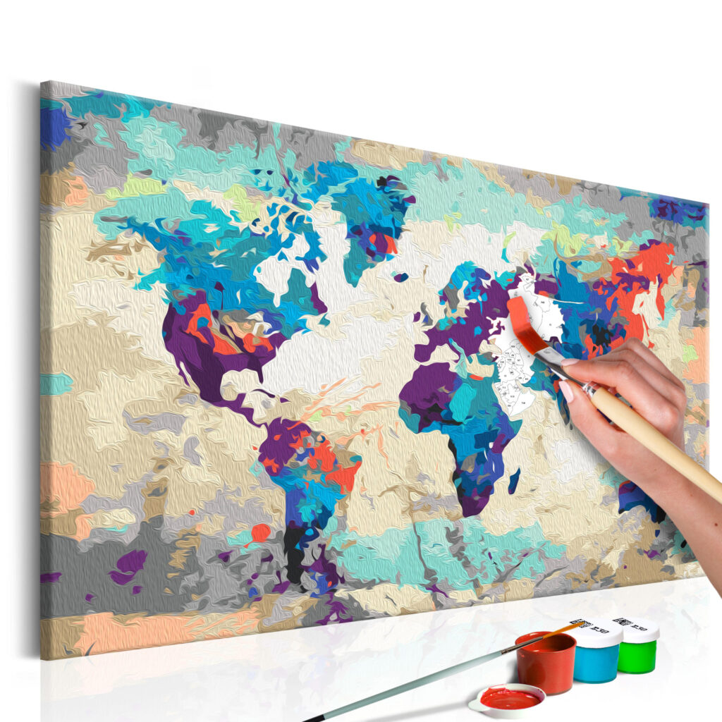 Doe-het-zelf op canvas schilderen - World Map (Blue & Red)