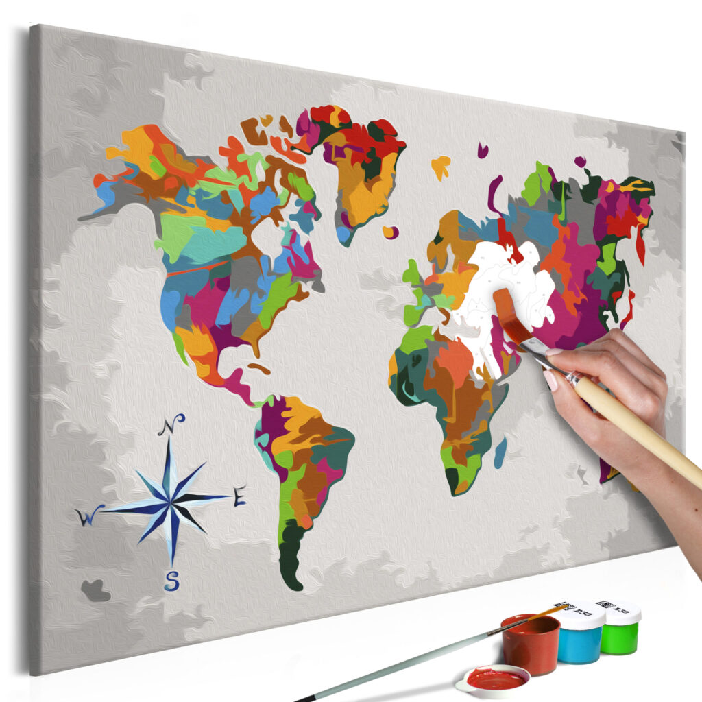 Doe-het-zelf op canvas schilderen - World Map (Compass Rose)