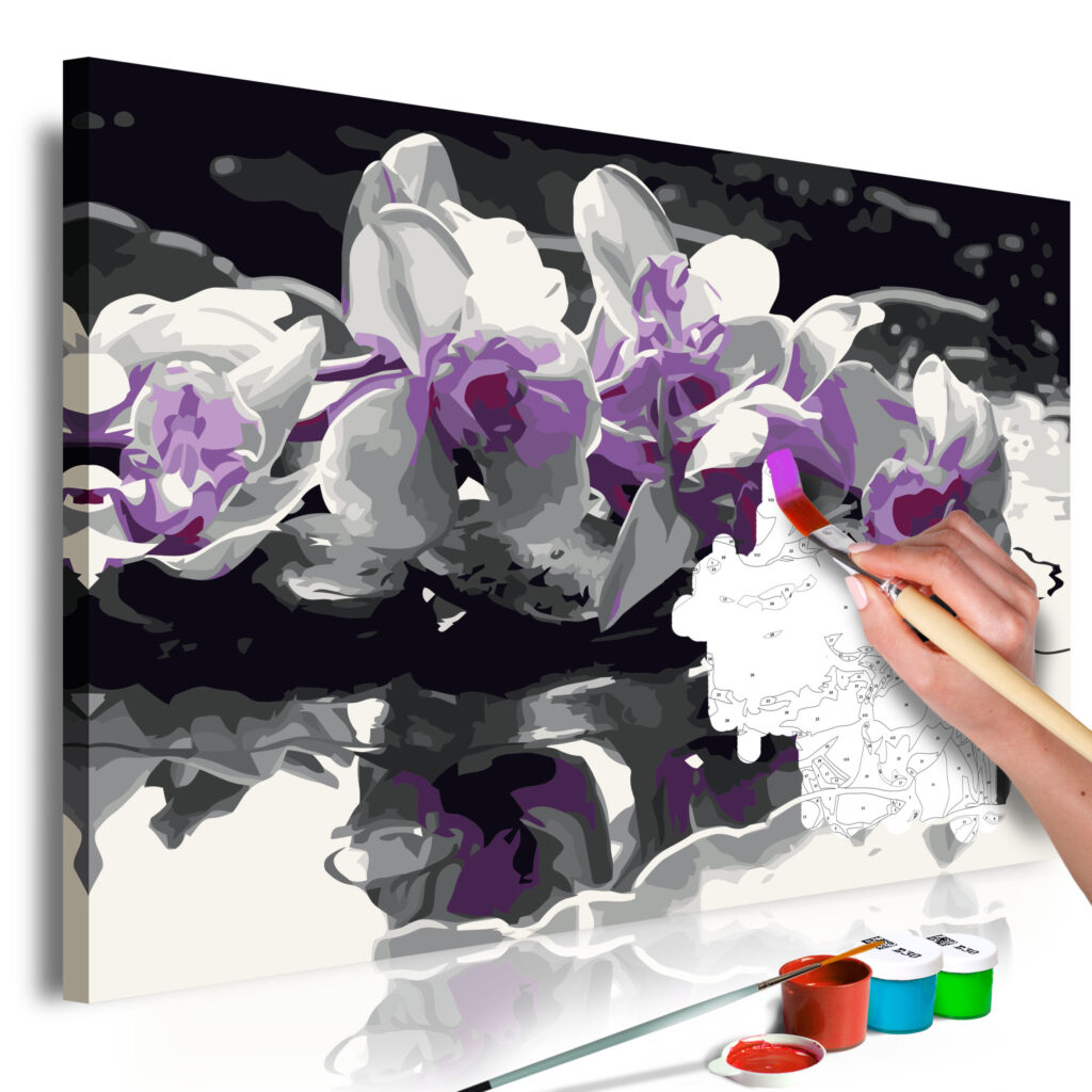 Doe-het-zelf op canvas schilderen - Purple Orchid (Black Background & Reflection In The Water)