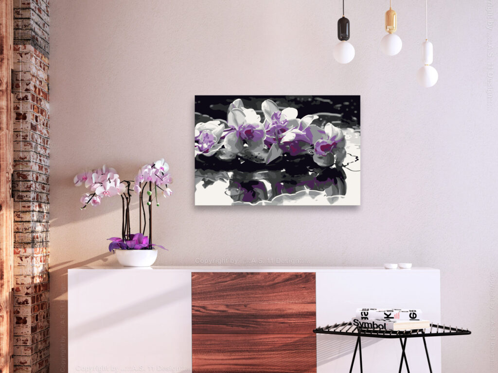 Doe-het-zelf op canvas schilderen - Purple Orchid (Black Background & Reflection In The Water) - Afbeelding 2