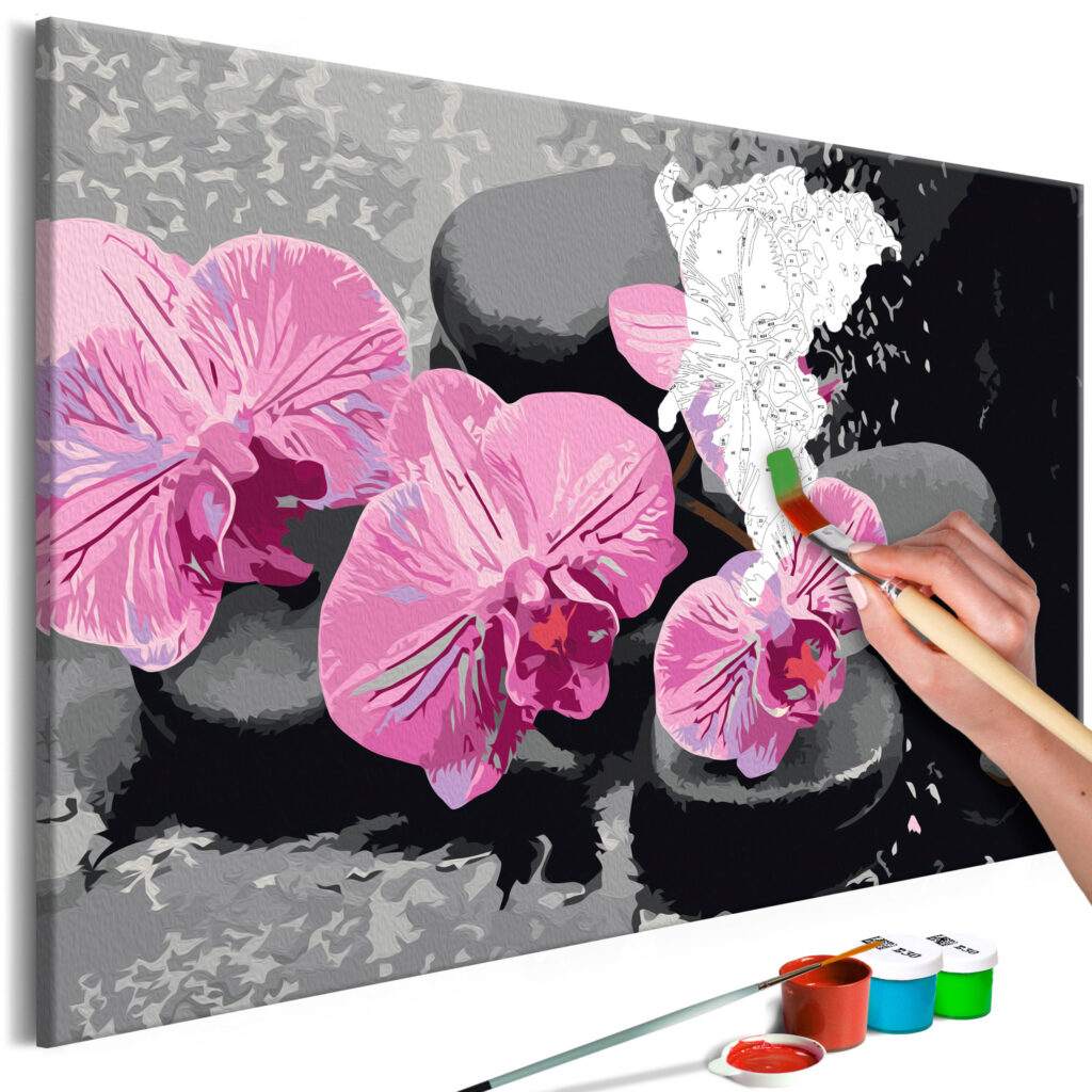 Doe-het-zelf op canvas schilderen - Orchid With Zen Stones (Black Background)