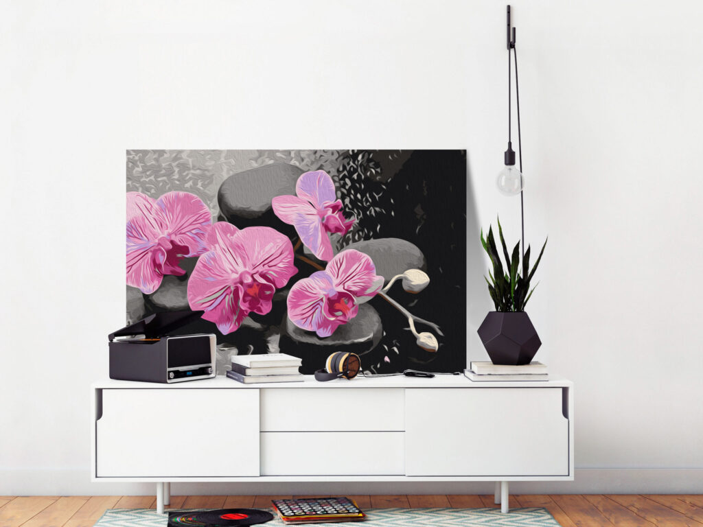 Doe-het-zelf op canvas schilderen - Orchid With Zen Stones (Black Background) - Afbeelding 2